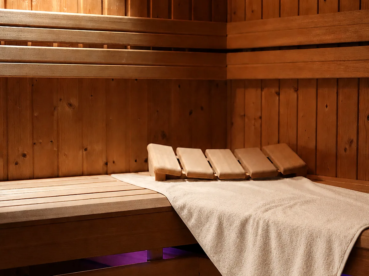 Eckbank mit Kopfstützen und Handtuch in der Sauna im Lila Fitness Studio Schwarzenberg